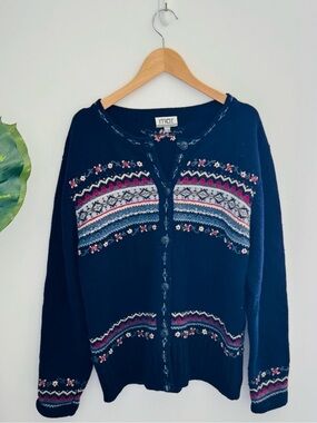 MAT COLLECTION | Vintage Wool Fair Isle Cardigan Sweater Navy Blue Large